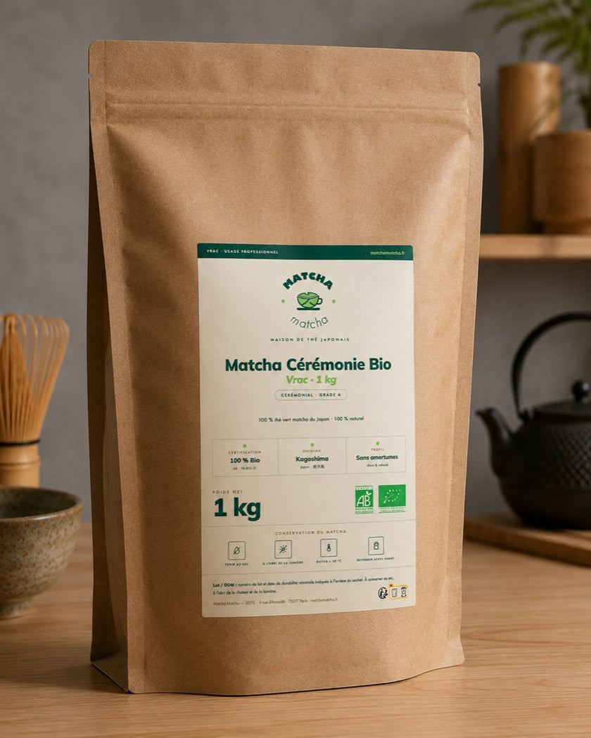 Busta da 1 kg di Matcha Cerimoniale Bio del Giappone, fornitore di matcha biologico per professionisti