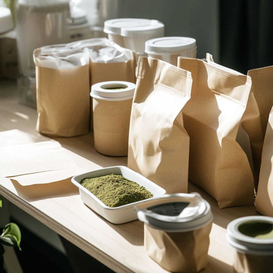 Bustina di matcha private label con l'etichetta di un cliente professionale